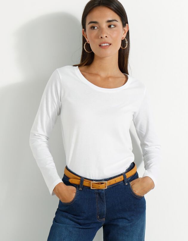 T-shirt col rond manches longues uni (blanc)