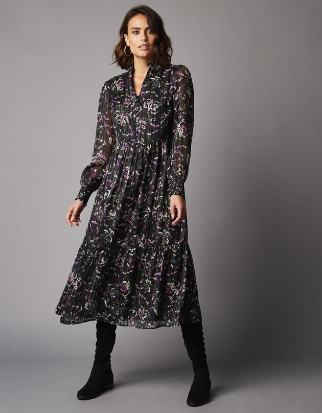Robe longue imprimée en voile jacquard (noir / parme)