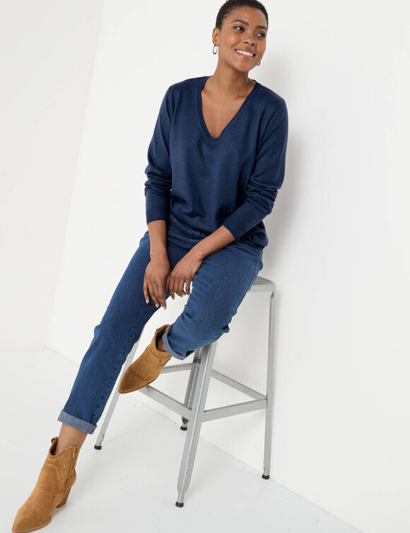 Pull col V, toucher doux (marine)