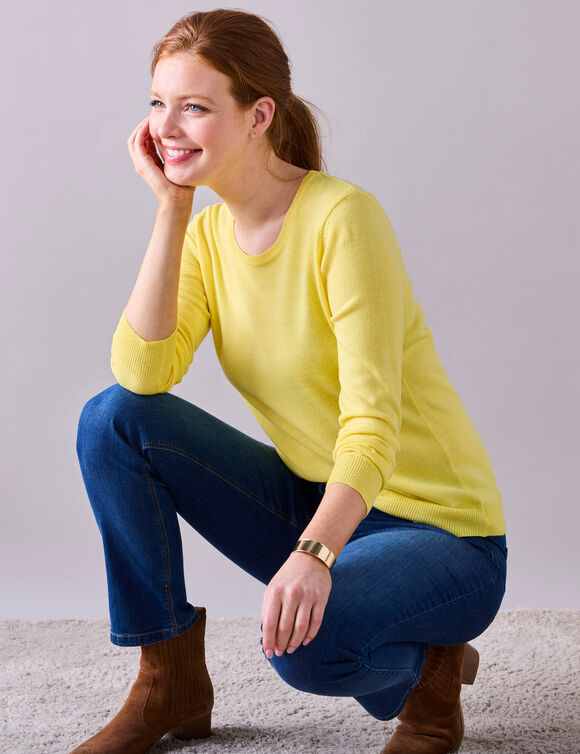 Pull col rond uni, manches longues, toucher doux (jaune pâle)