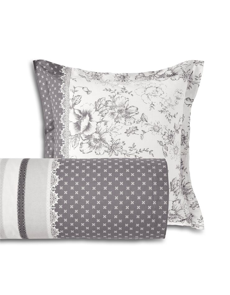 Linge de lit Gabrielle en coton imprimé pois, fleurs et dentelle (gris)