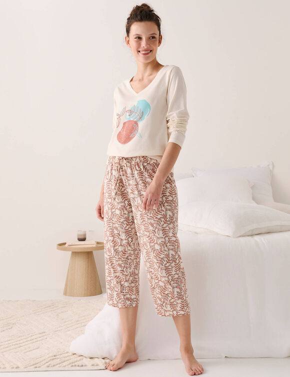 T-shirt de pyjama manches longues imprim&eacute; "feuillage" (&eacute;cru)