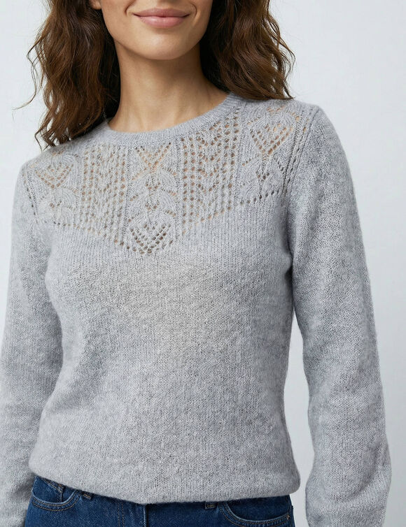 Pull col rond maille ajour&eacute;e, toucher doux (gris chin&eacute;)