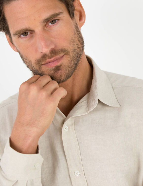 Hemd in katoen-linnen, lange mouwen en knoopsluiting (grijsbeige)