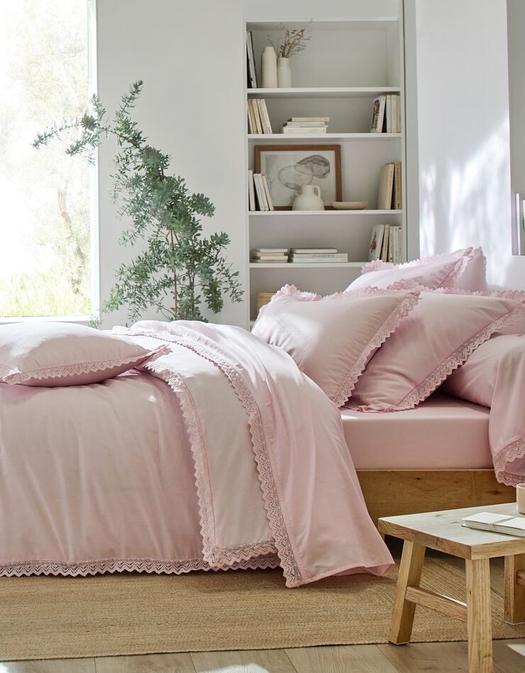 Linge de lit uni dentelle coton (lilas)