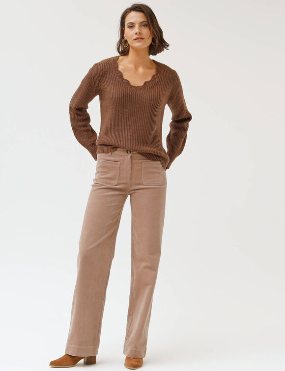 Trui met V-hals, patenttricot (taupe)