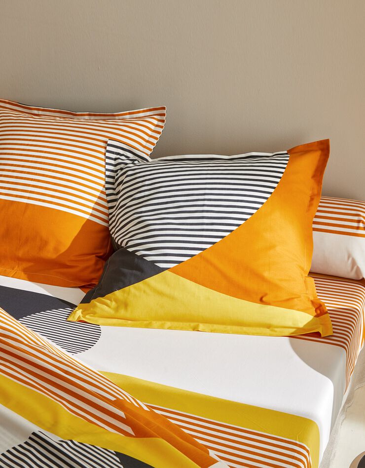 Bedlinnen Nico in katoen met strepenprint in grafische stijl (honing)