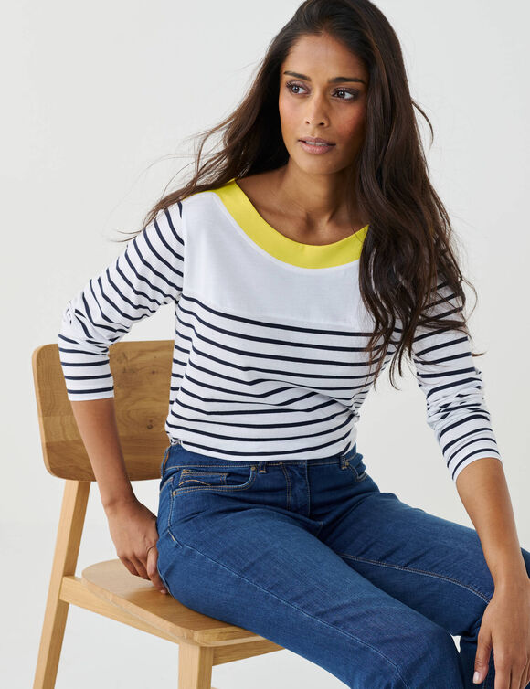 T-shirt ray&eacute; manches longues (blanc / marine)