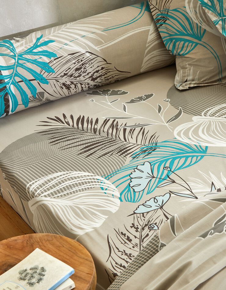 Bedlinnen Jane in katoen met bladerenprint (taupe)