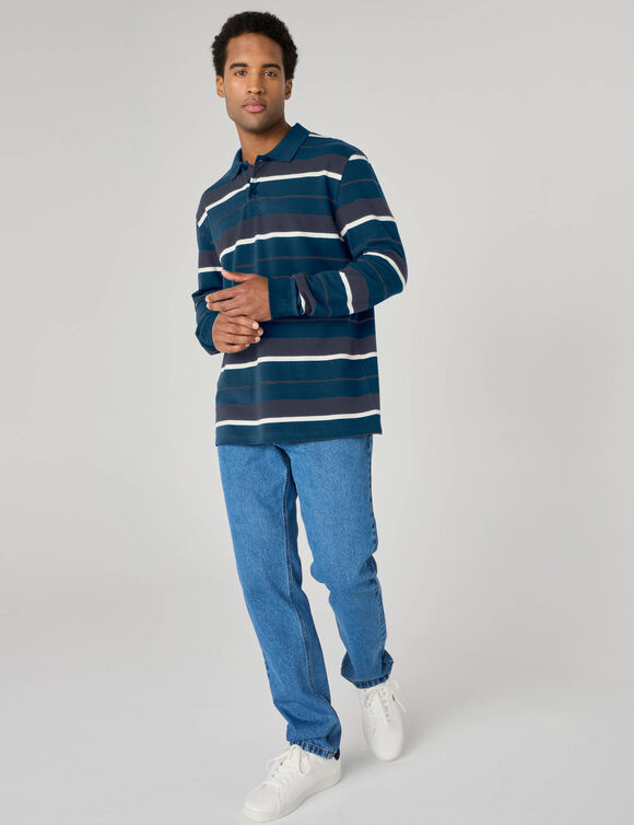 Polo ray&eacute;e maille piqu&eacute;e manches longues  (bleu canard / marine)