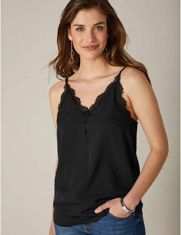 Topje met kant en knopen in crêpe (zwart)