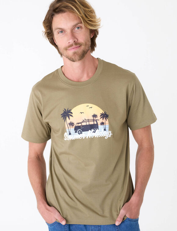 T-shirt col rond motif palmier manches courtes  (kaki)