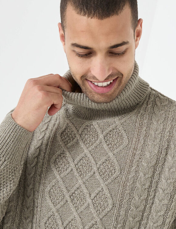 Pull col roulé maille irlandaise (taupe mouliné)