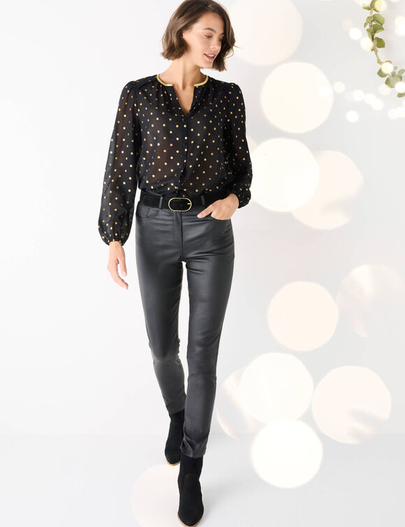 Bloes met goudkleurige stippenprint, in voile (zwart)