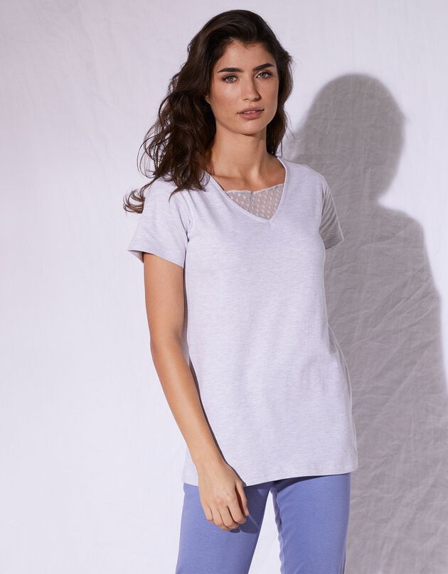 Tee-shirt col plumetis manches courtes (gris chiné)