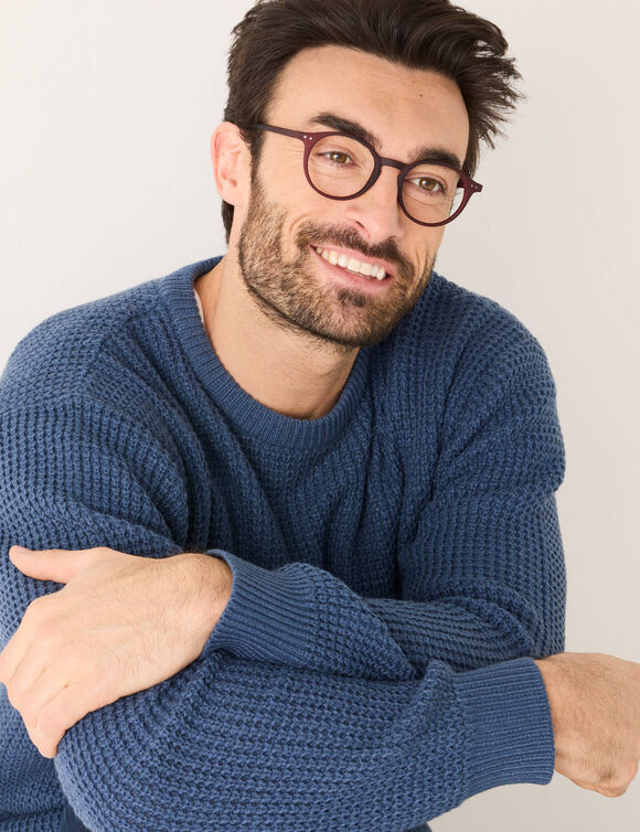 Pull maille gaufrée col rond (bleu ardoise)
