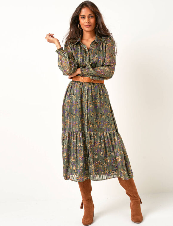 Robe-chemisier longue en voile jacquard imprim&eacute; floral (kaki / caramel)