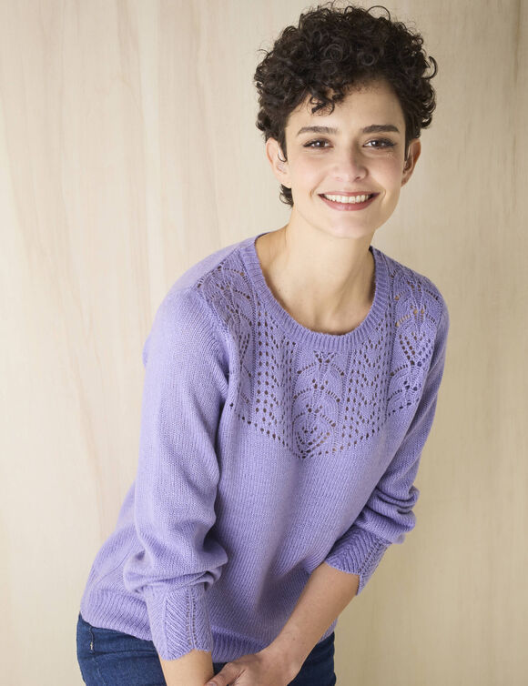Pull col rond maille ajourée, toucher doux (parme)