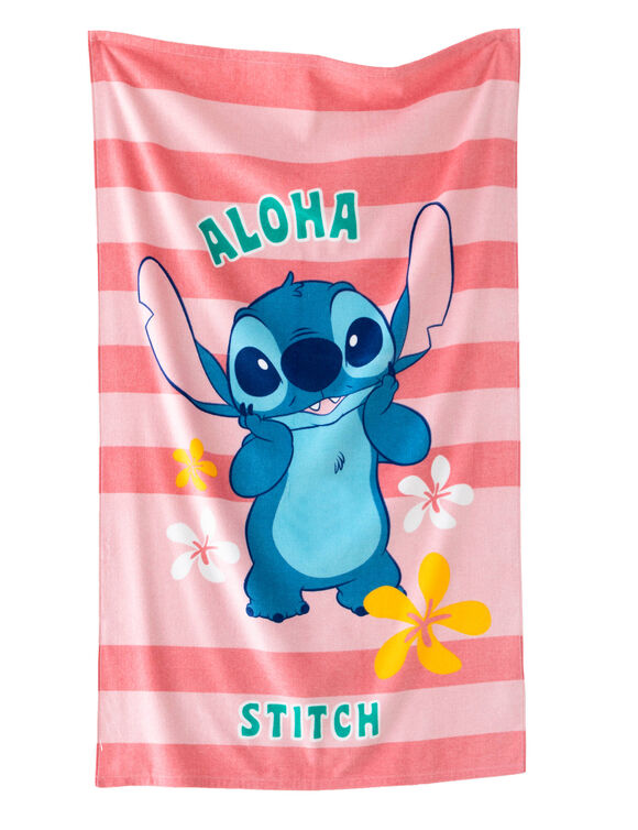 Drap de bain enfant Stitch éponge et velours coton - 320g/m²  (rose)