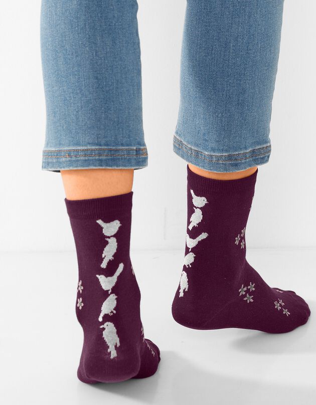Set van 4 paar sokken in overwegend katoen met vogelmotieven (ecru + grijs + bordeaux)