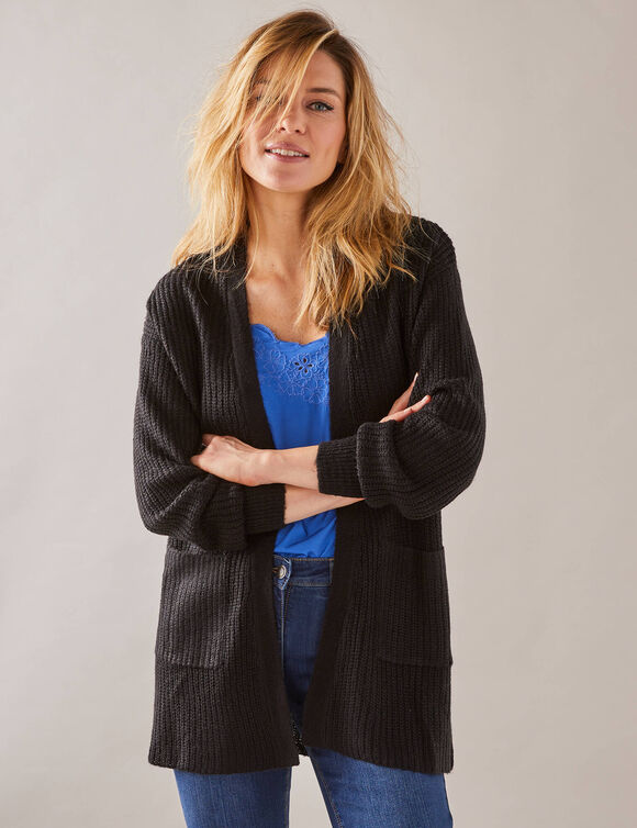 Gilet long porter ouvert, maille anglaise toucher doux (noir)