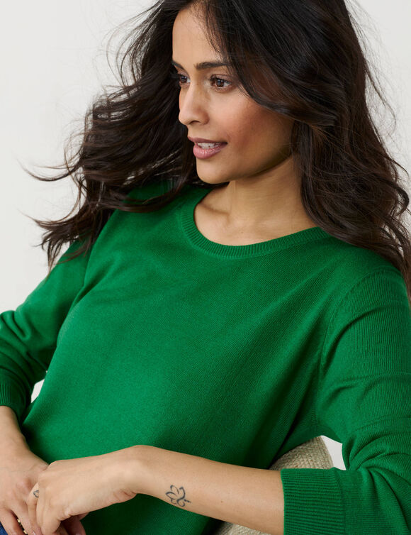 Pull col rond uni, manches longues, toucher doux (vert)