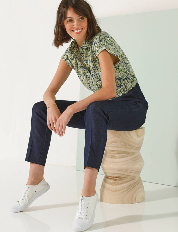 Blouse manches courtes à revers, imprimé minimaliste (vert / marine)