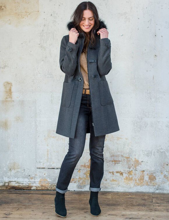 Duffle-coat capuche fausse fourrure uni (anthracite chin&eacute;)