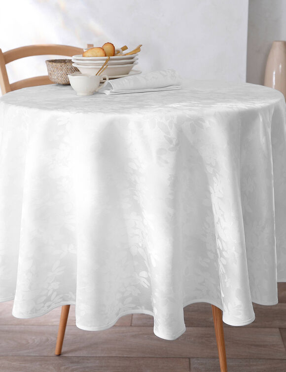 Tafellaken met damastpatroon met gebladerde motieven (wit)