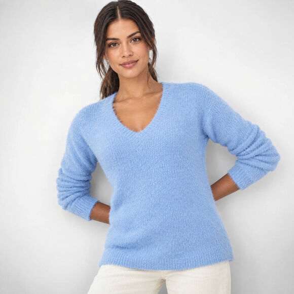 Tuniektrui met V-hals, zacht breiwerk (blauw)