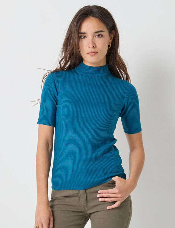 Pull col montant manches courtes, maille côtelée (bleu canard)