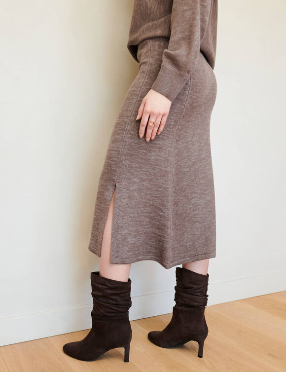 Jupe midi &eacute;vas&eacute;e en tricot (taupe)
