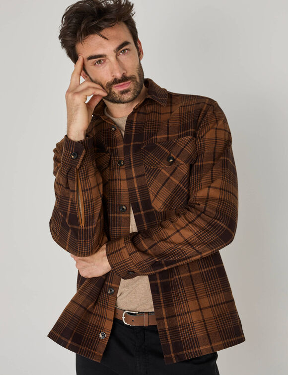 Overshirt met knopen van zware geruite flanel (lichtbruin)