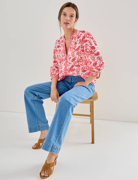 Chemisier col tunisien manches 3/4, imprim&eacute; bicolore (&eacute;cru / framboise)