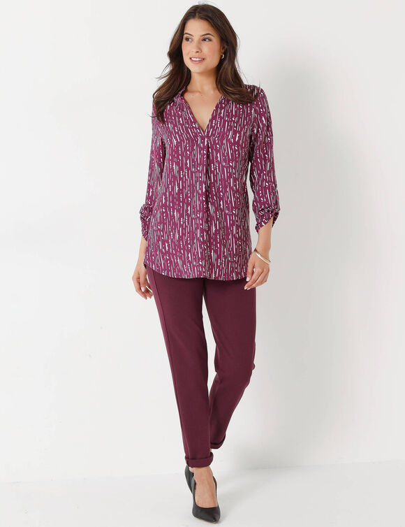 Blouse imprimé graphique col tunisien, crêpe (prune / blanc)