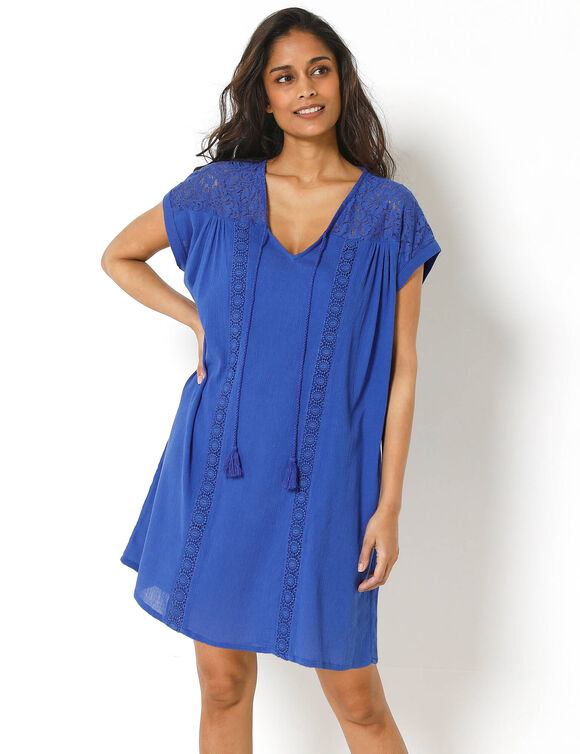 Robe macram&eacute;, cr&eacute;pon coton (bleu dur)