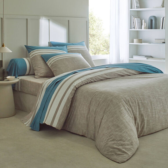 Linge de lit Nathalie coton (bleu grisé / beige)