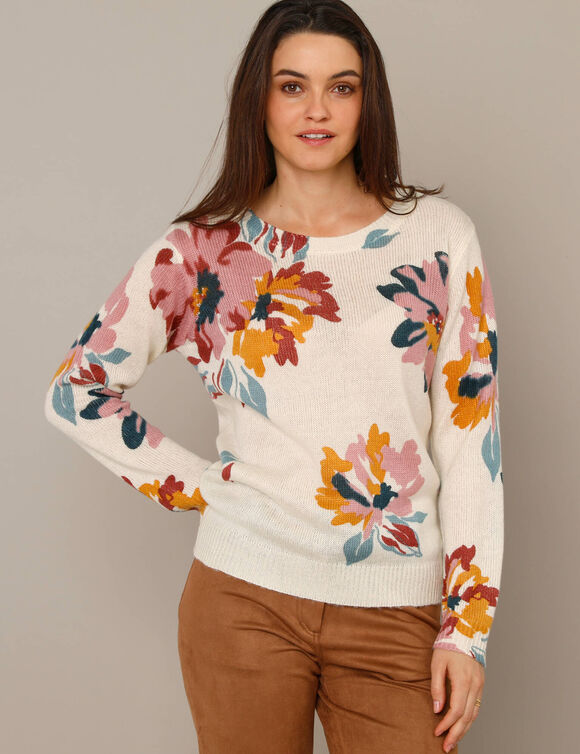 Trui met bloemenprint (ecru / roze)
