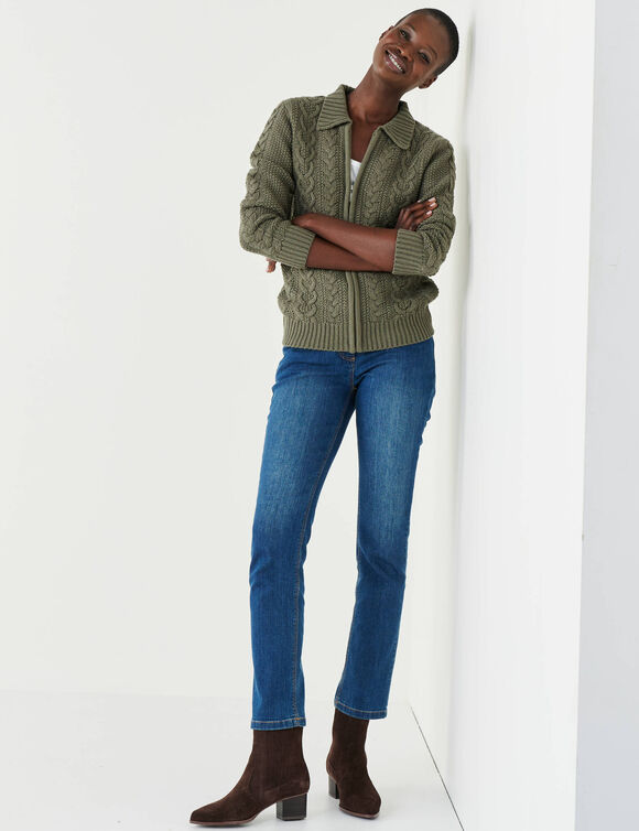 Gilet zipp&eacute; col polo, maille torsad&eacute;e (kaki)