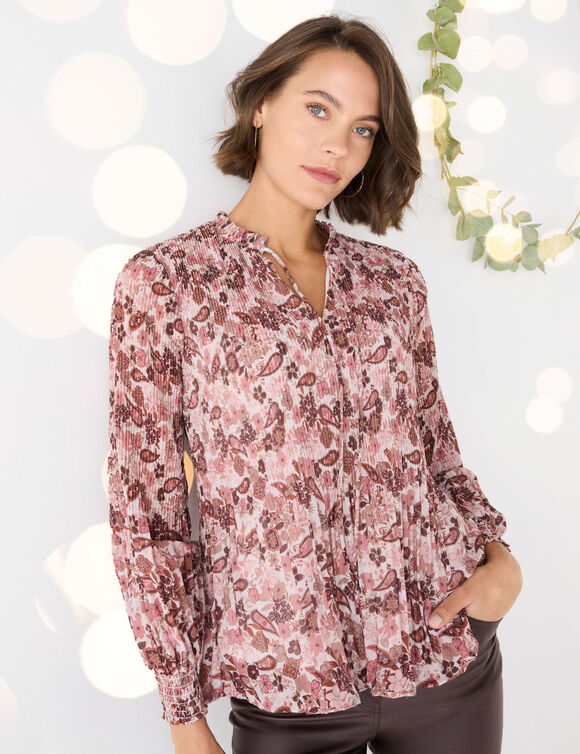Blouse plissée imprimé fleuri, voile (rose / chocolat)