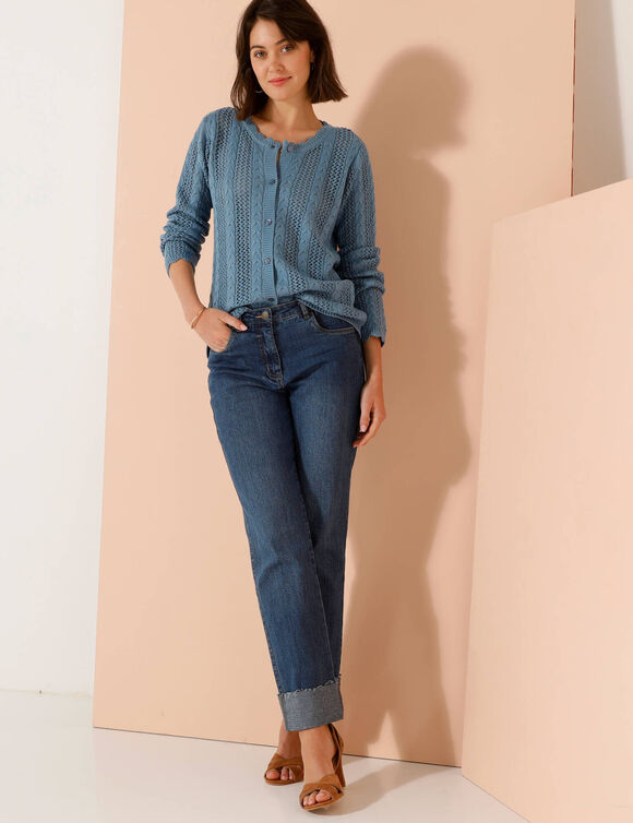 Vest met knopen, ronde hals en geschulpte afwerking, ajourtricot (jeansblauw)