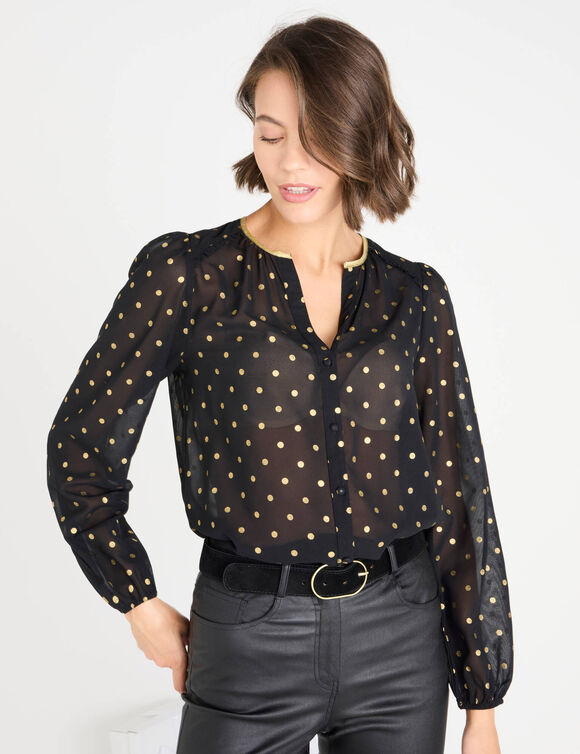 Bloes met goudkleurige stippenprint, in voile (zwart)