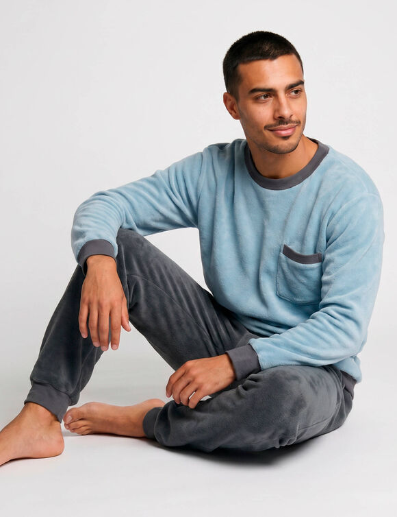 Pyjama pantalon bicolore maille polaire manches longues (bleu)