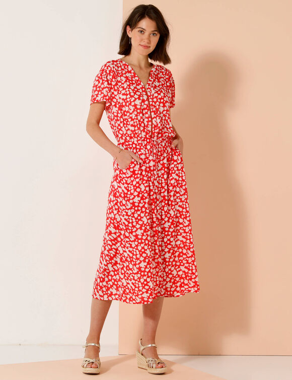Robe longue col zippé, crépon imprimé (rouge / écru)