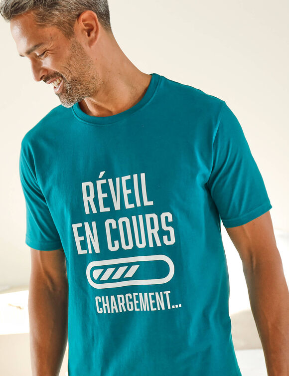 Pyjama short col rond &agrave; message (bleu canard / marine)