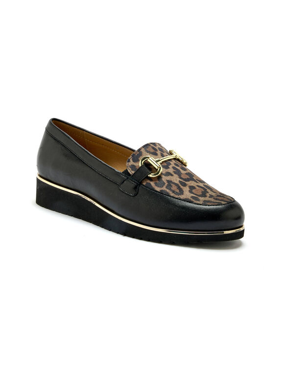 Mocassins compensés à mors en cuir et motif léopard (noir / beige)