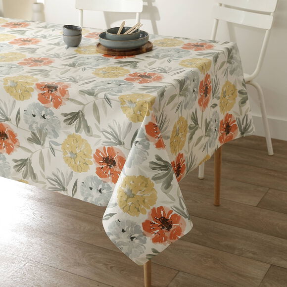 Tafellaken in toile cirée met grote bloemenprint (geel / koraal)