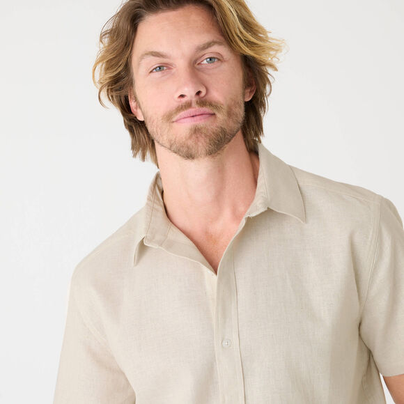 Hemd in katoen-linnen, korte mouwen en knoopsluiting (grijsbeige)