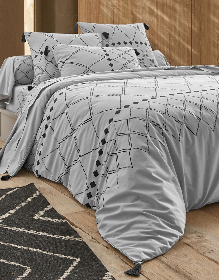 Linge de lit Massai coton à motifs graphiques et finitions pompons (gris)