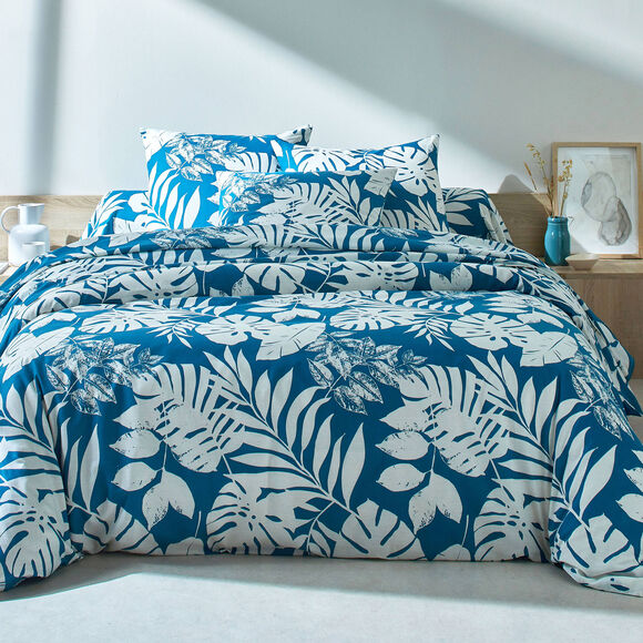 Linge de lit Paddy imprimé feuillage, coton (bleu paon)